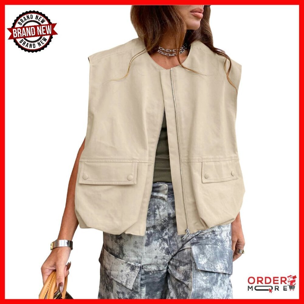 Lightweight Zip-Up Cargo Vest Oversized Fit Ruched Hem Sleeveless